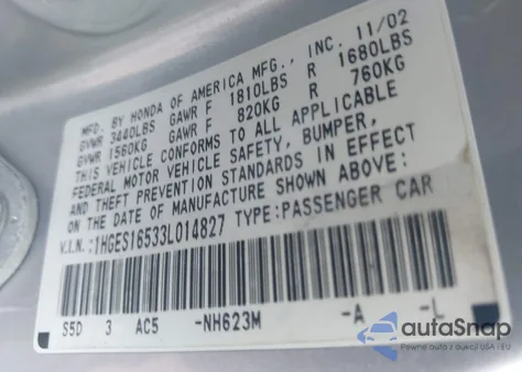 2003 Honda Civic Lx из США, поврежденный, VIN 1HGES16533L014827